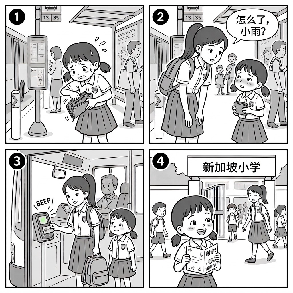 四格图。图一：放学后，小雨在巴士站翻开钱包，发现里面是空的，急得冒汗。图二：一个高年级的姐姐弯下腰问她「怎么了，小雨？」，小雨手里拿着空钱包，不好意思地看着她。图三：在巴士门口，姐姐用自己的交通卡在读卡器上一刷，「BEEP」一声替小雨付了车费，小雨站在她身边。图四：第二天早上，学校门口，小雨双手捧着一张写着「谢谢」的卡片，笑着等那位姐姐走过来。
