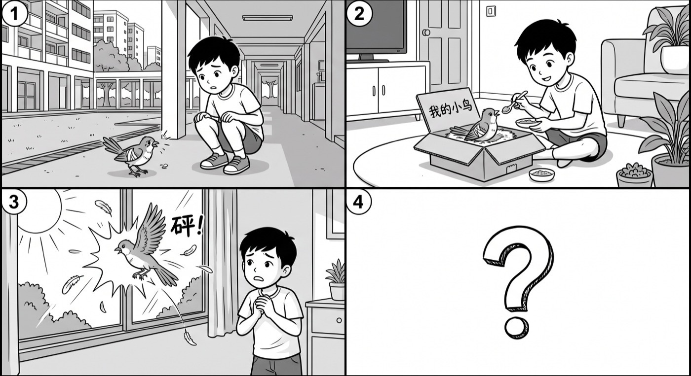 四格图。图一：小杰在组屋楼下蹲着，看着地上一只翅膀受伤、飞不起来的小鸟。图二：在家里，小杰用纸盒做了一个窝，旁边写着「我的小鸟」，他正拿着小勺子喂它。图三：几个星期后，小鸟在屋里飞，「砰」的一声撞到了窗户，羽毛散落，小杰在一旁着急地看着。图四：空白，只有一个问号，等你自己想出结尾。