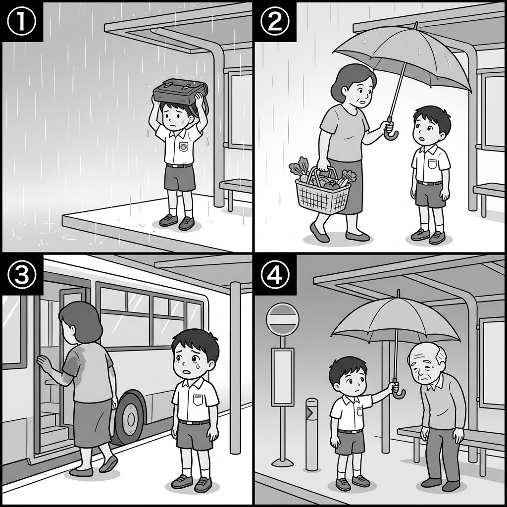 四格图。图一：下雨天的巴士站，一个穿校服的小学生站在候车亭边上淋着雨，把书包顶在头上挡雨，他没有伞。图二：一位提着菜篮的阿姨走过来，撑着伞，把伞明显地往他那边移，两个人站在同一把伞下。图三：巴士来了，阿姨正上车，小学生却站在原地没动 —— 他等的是另一路车。他看着阿姨的背影，发现她靠近他那一侧的半边肩膀和手臂全湿了，衣服颜色明显变深。图四：几天后的傍晚，同一个巴士站，小学生自己撑着伞，把伞往旁边一位陌生的老人家那边移，动作和图二里的阿姨一模一样。