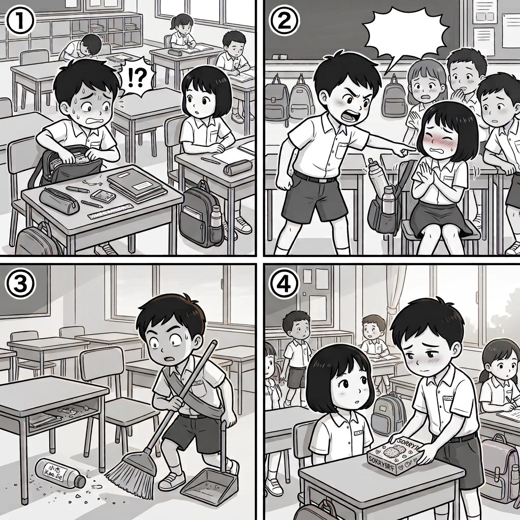 四格图。图一：课室里，小杰翻着书包和抽屉找水壶，一脸着急；同桌小丽坐在旁边，她书包的侧袋里插着一个和他一模一样的水壶。图二：小杰站着指着小丽质问她，表情生气；小丽涨红了脸，举着手辩解，说不出话；旁边几个同学围着看。图三：放学后的课室，小杰一个人拿着扫把扫地，把那个水壶从自己的桌子底下扫了出来 ——瓶身上贴着写有「小杰」的名字贴。他停下动作，睁大眼睛愣在那里。图四：第二天早上，小杰把一盒写着 SORRY 的饼干放在小丽桌上，低着头；小丽抬起头看他。
